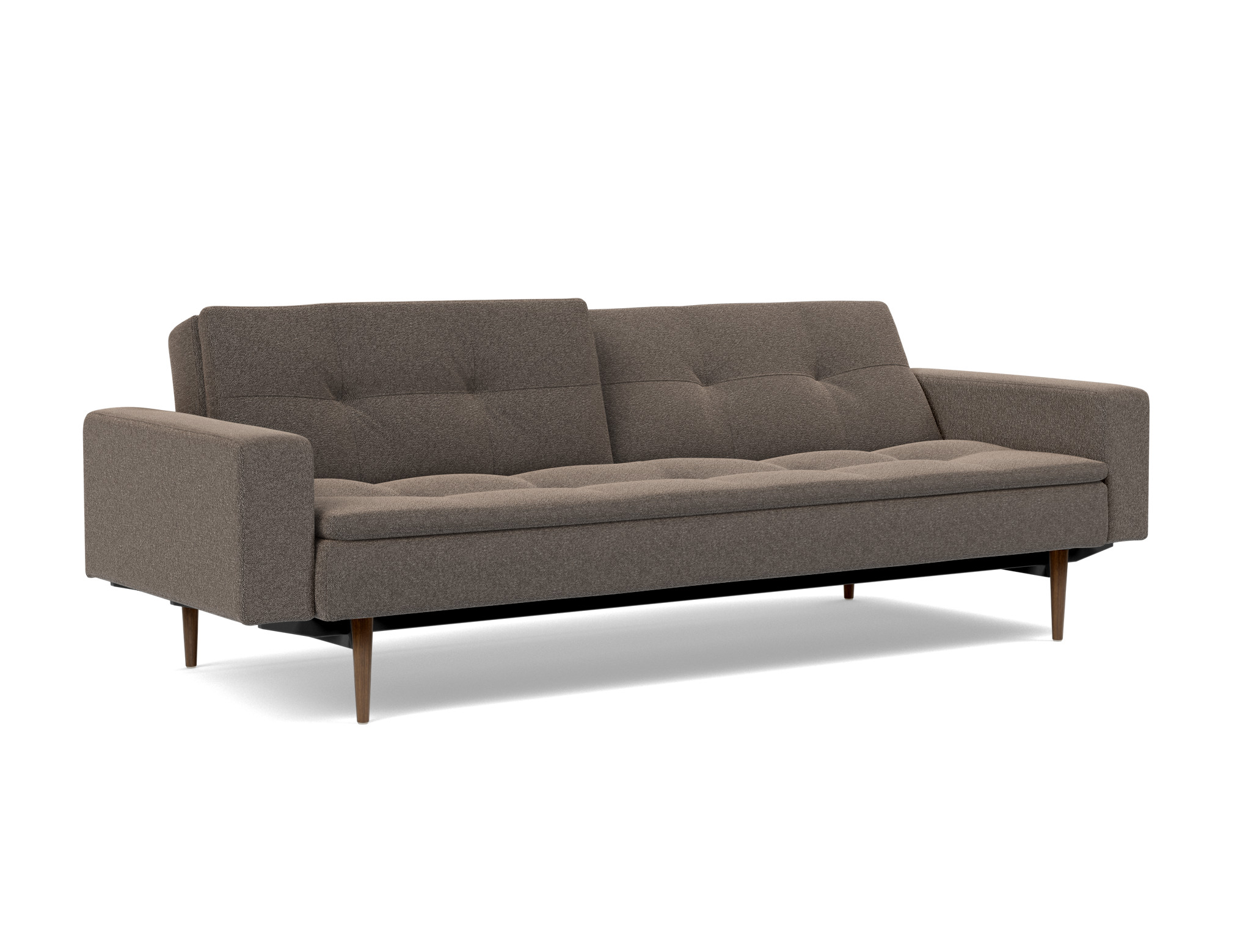 Schlafsofa Dublexo mit Armlehnen Boucle Skandi 530-Taupe Beine Styletto Eiche dunkel