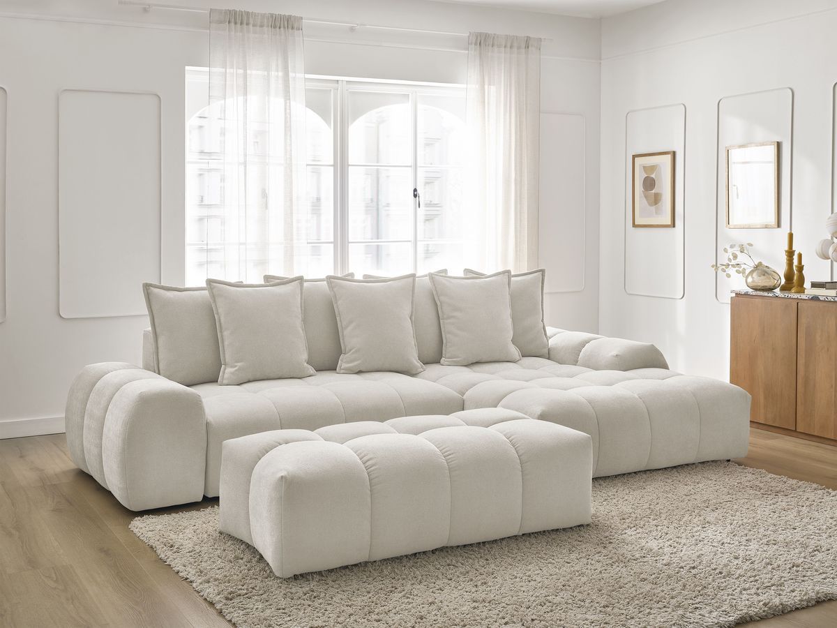 Bobochic Everest Ecksofa mit Schlaffunktion und Bettkasten und Pouf 318 × 180 cm, 7 Kissen Strukturstoff Weiß Ecke rechts