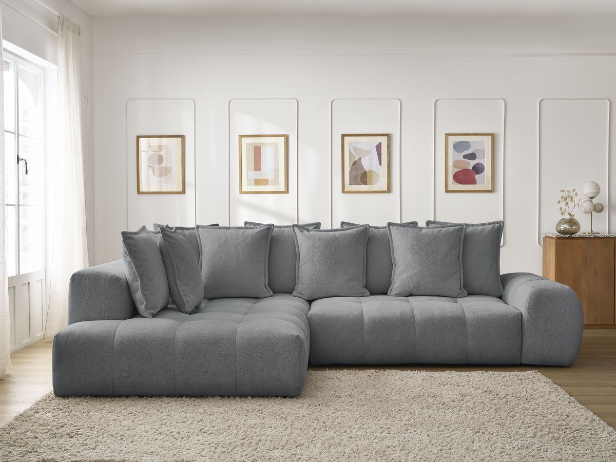 Bobochic Everest Ecksofa mit Schlaffunktion und Bettkasten 320 × 212 cm, 10 Kissen Melange-Stoff Dunkelgrau Ecke links