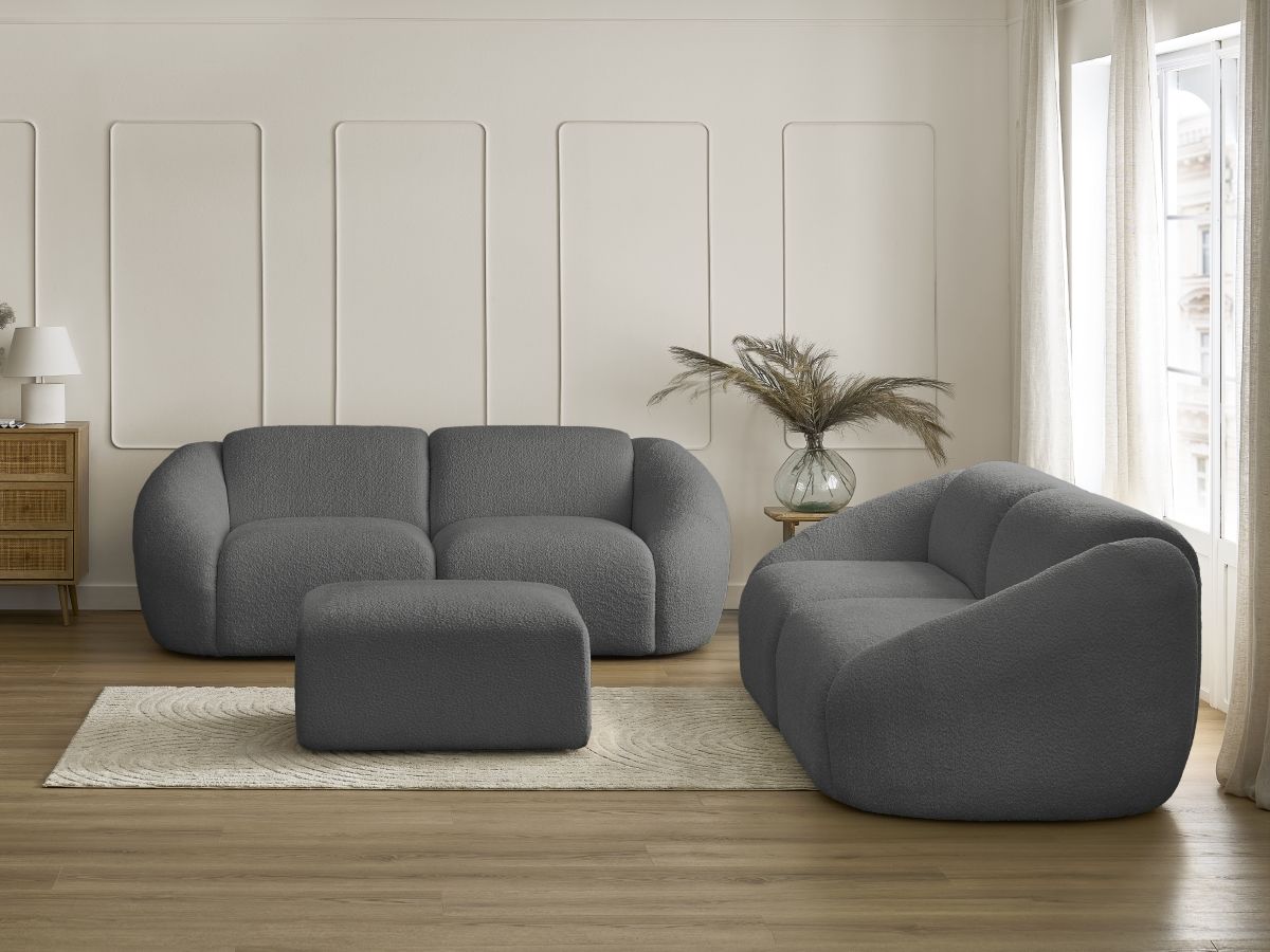 Bobochic Tina Sofa 6-Sitzer mit Pouf Bouclé-Stoff Dunkelgrau
