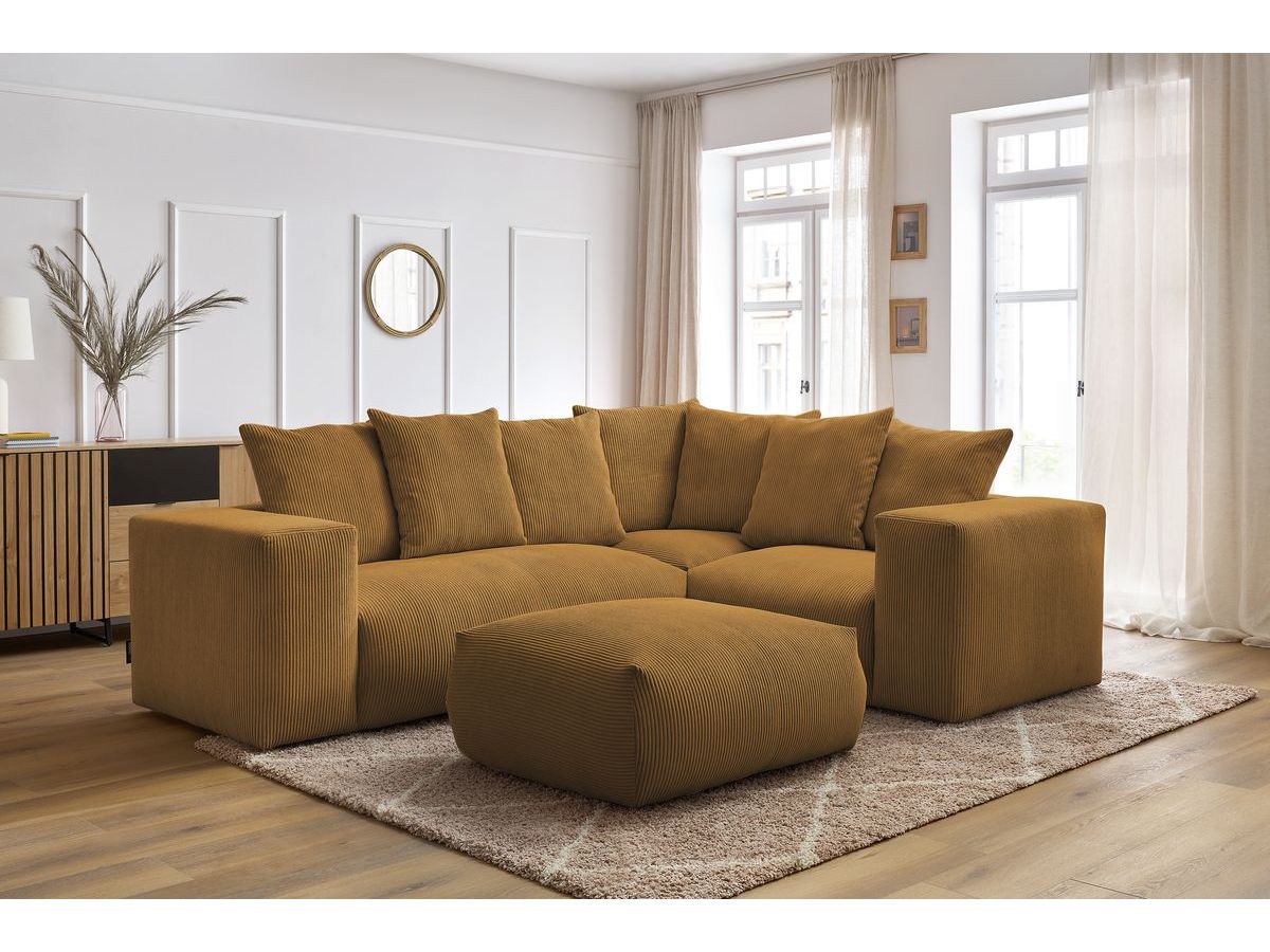 Bobochic Voltaire Ecksofa mit Pouf 268 × 214 cm Cordsamt Gelb Ecke rechts