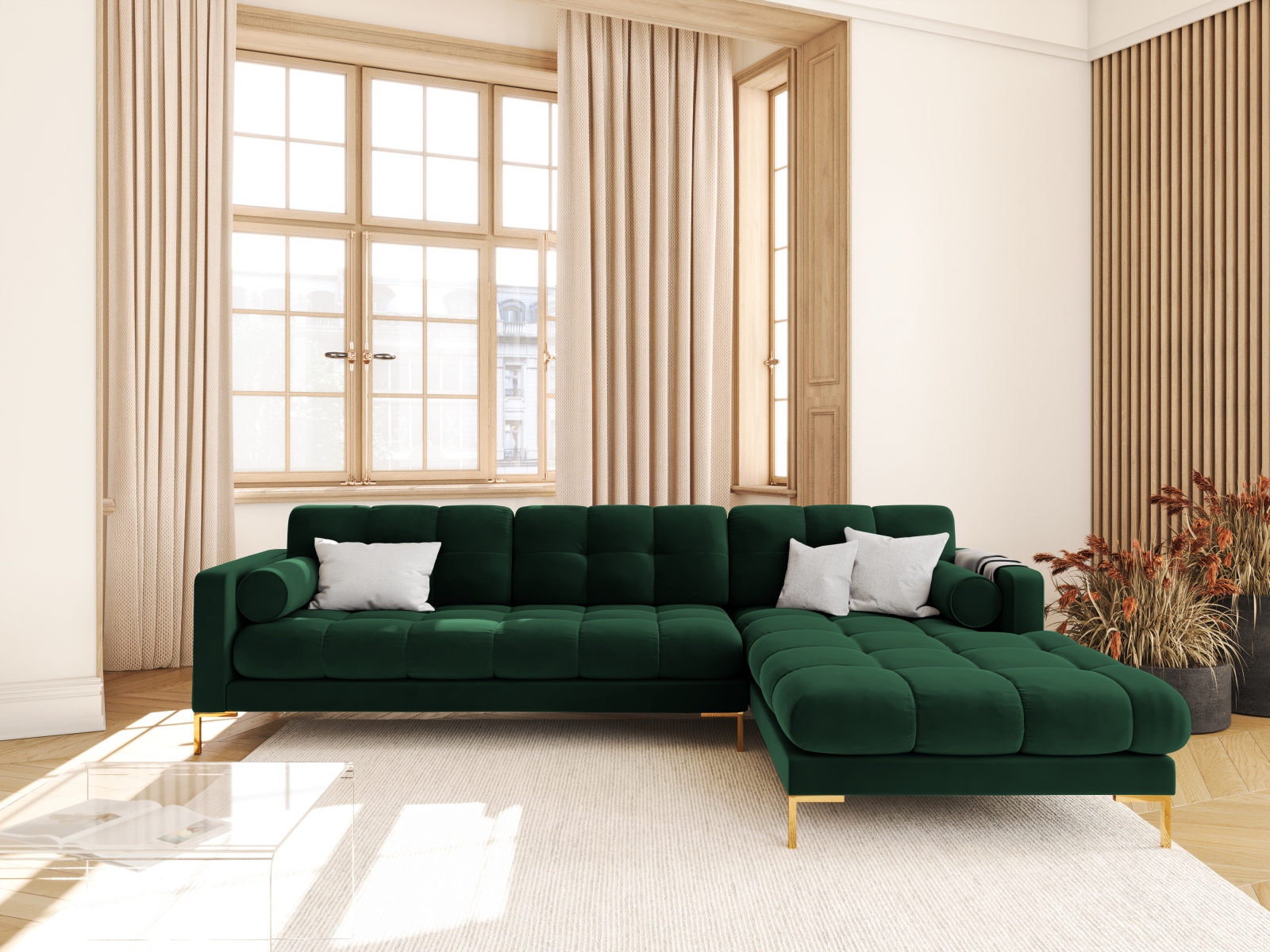 Cosmopolitan Design Ecksofa Bali 5-Sitzer Samt Bluvel Flaschengrün Rechts Beine Gold