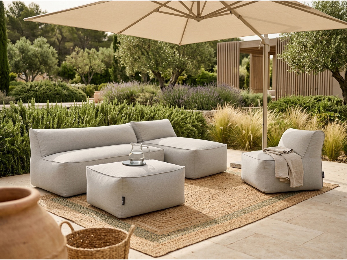 Bobochic Riviera Gartensofa 5-Sitzer mit Pouf Stoff Hellgrau