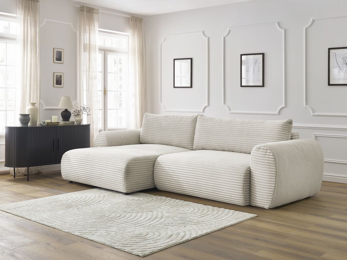 Bobochic Lucien Ecksofa mit Schlaffunktion und Bettkasten 314 × 167 cm Breitcord weich Beige Ecke links