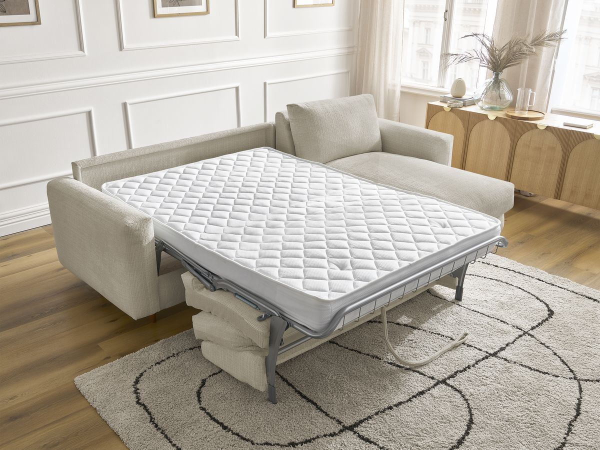 Bobochic Cocoone Ecksofa mit Schlaffunktion und Bettkasten Strukturstoff Beige, Liegefläche 160 × 200 cm