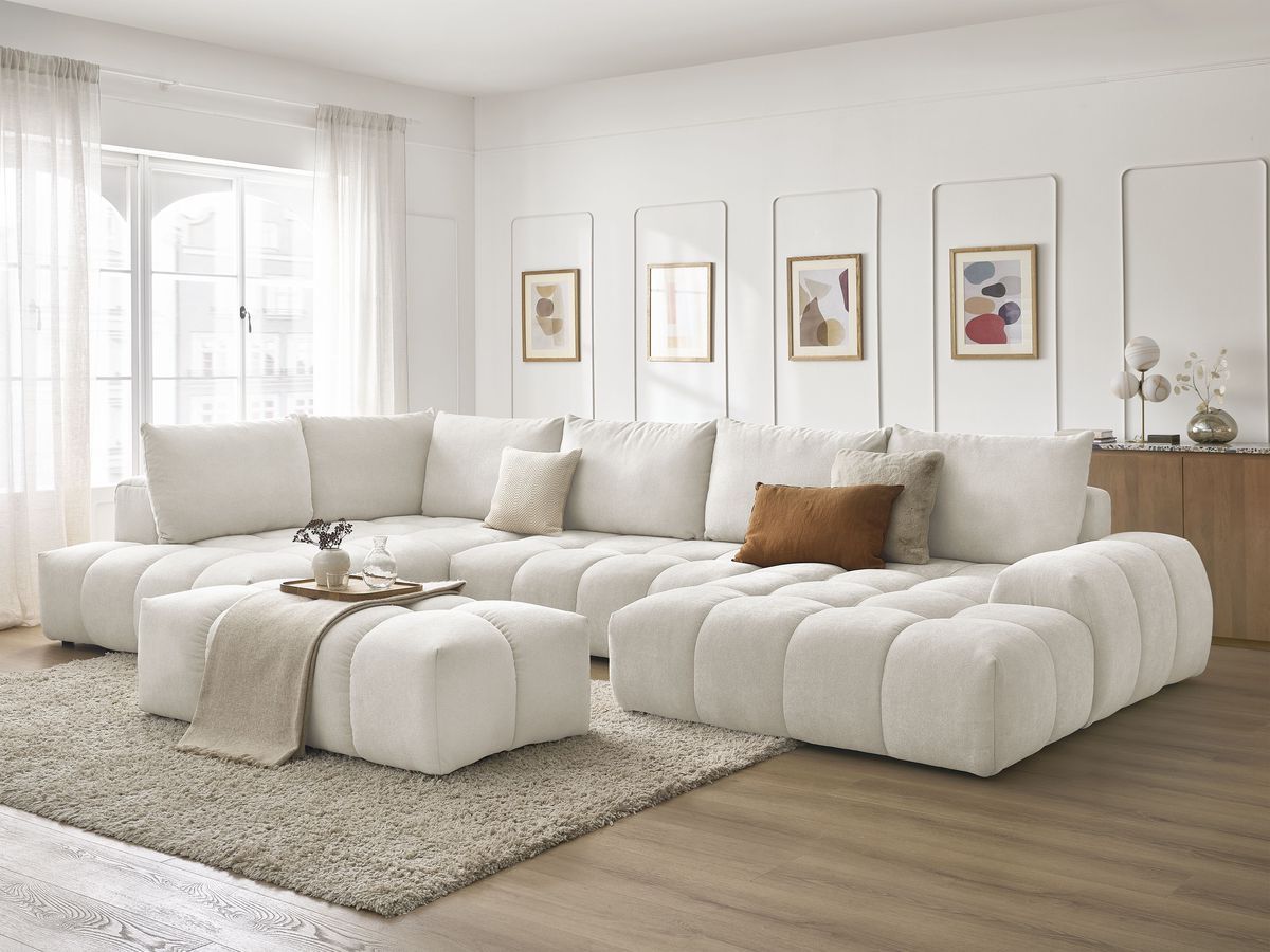 Bobochic Everest Wohnlandschaft mit Pouf, 6 Kissen Strukturstoff Weiß Ecke rechts