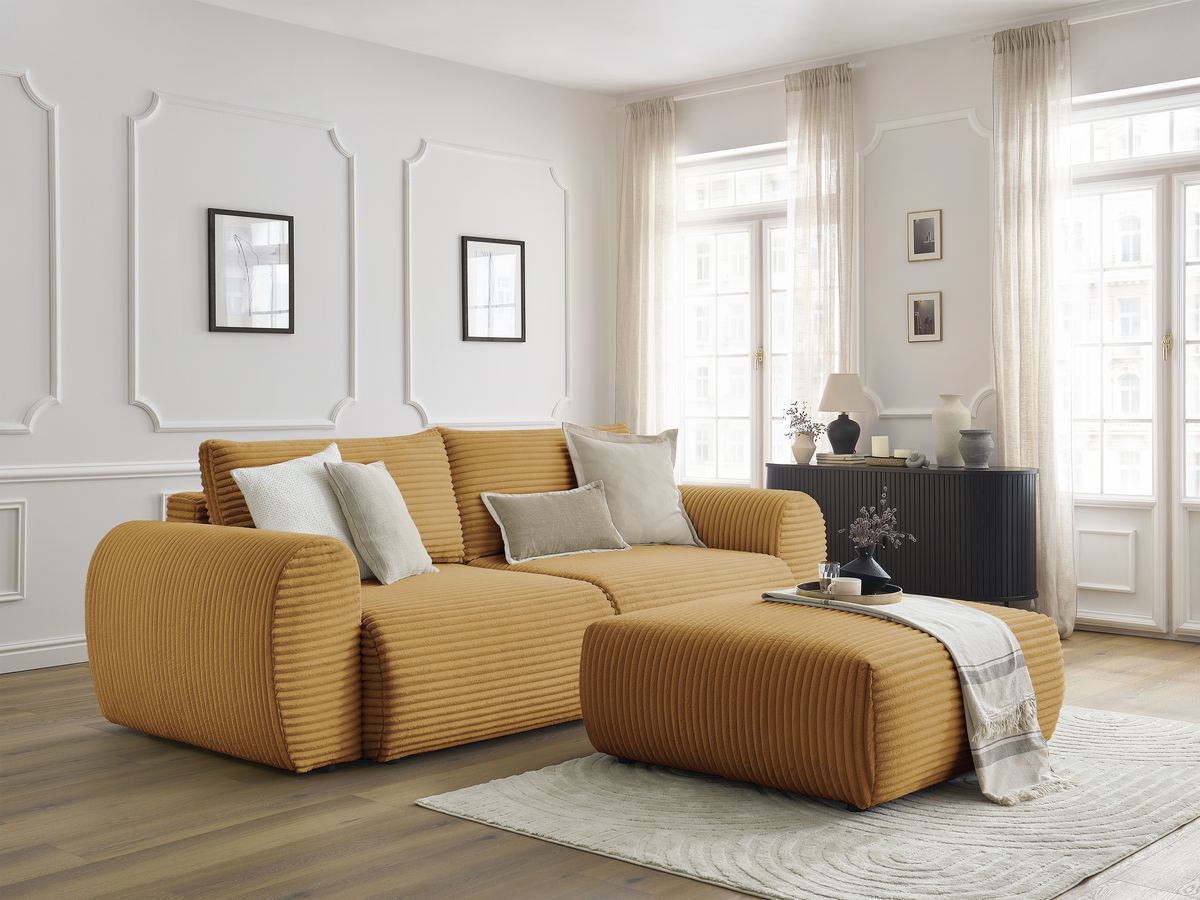 Bobochic Lucien Schlafsofa 4-Sitzer mit Bettkasten und Pouf Breitcord weich Gelb