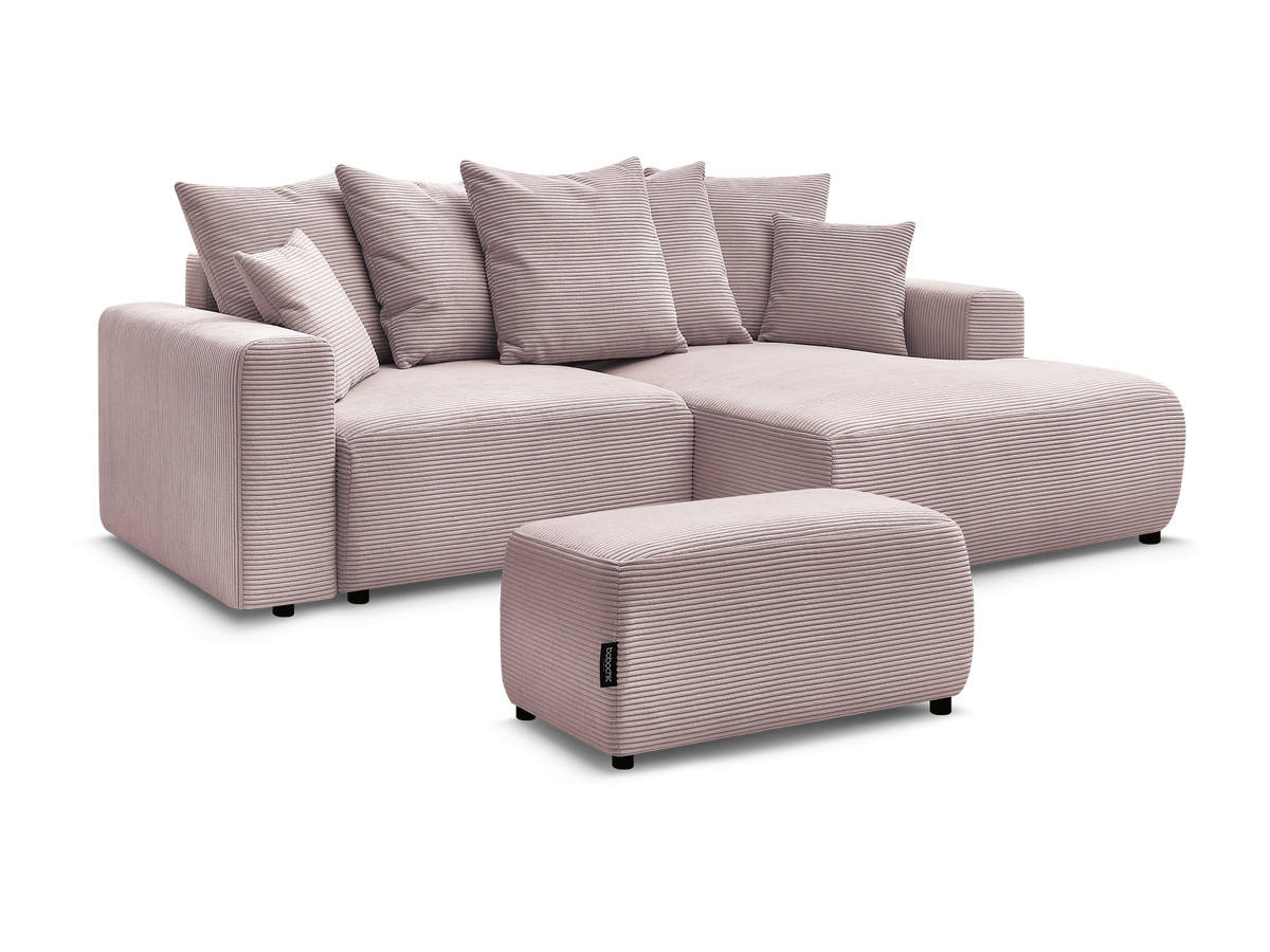 Bobochic Atilla Ecksofa mit Schlaffunktion und Bettkasten und Pouf Cordsamt Violett Ecke rechts