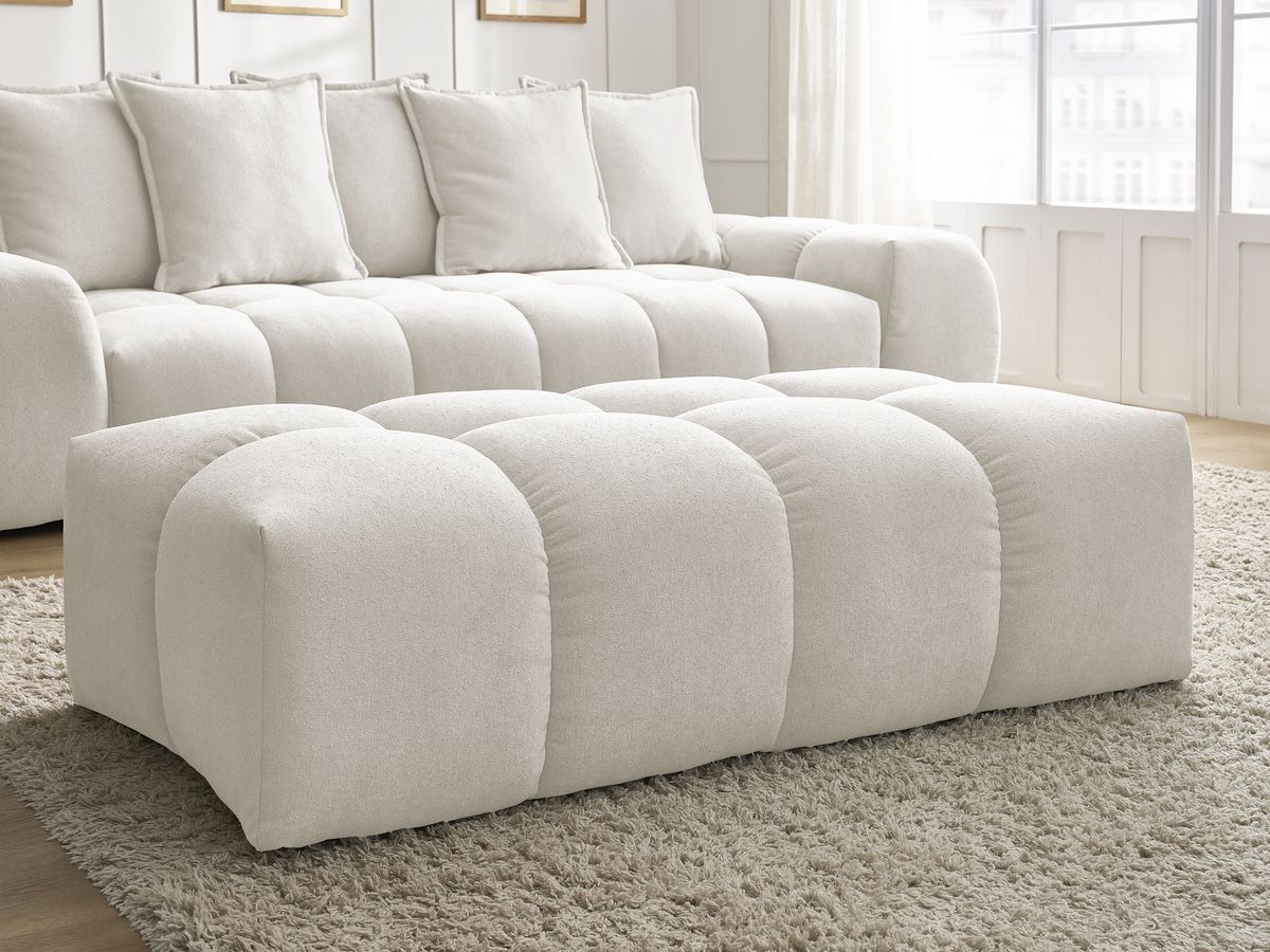 Bobochic Everest Schlafsofa 3-Sitzer mit Bettkasten und Pouf, 5 Kissen Strukturstoff Weiß