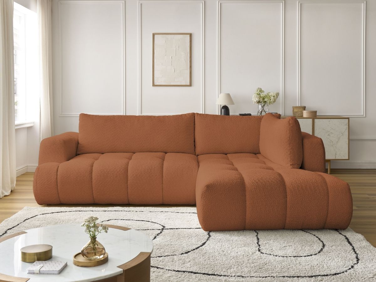 Bobochic Fuji Ecksofa mit Schlaffunktion und Bettkasten 282 × 204 cm Bouclé-Stoff Orange Ecke rechts