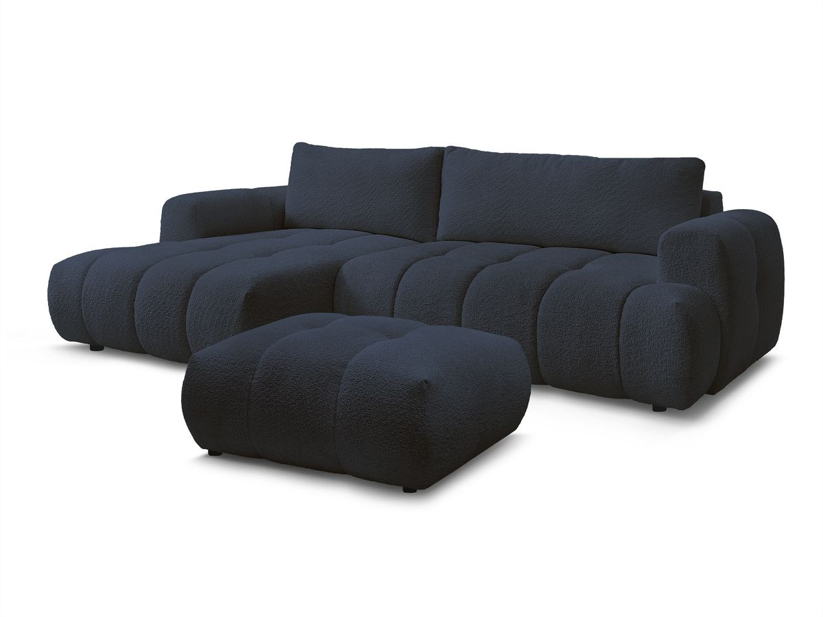 Bobochic Fuji Ecksofa mit Schlaffunktion und Bettkasten und Pouf 292 × 160 cm Bouclé-Stoff Dunkelblau Ecke links