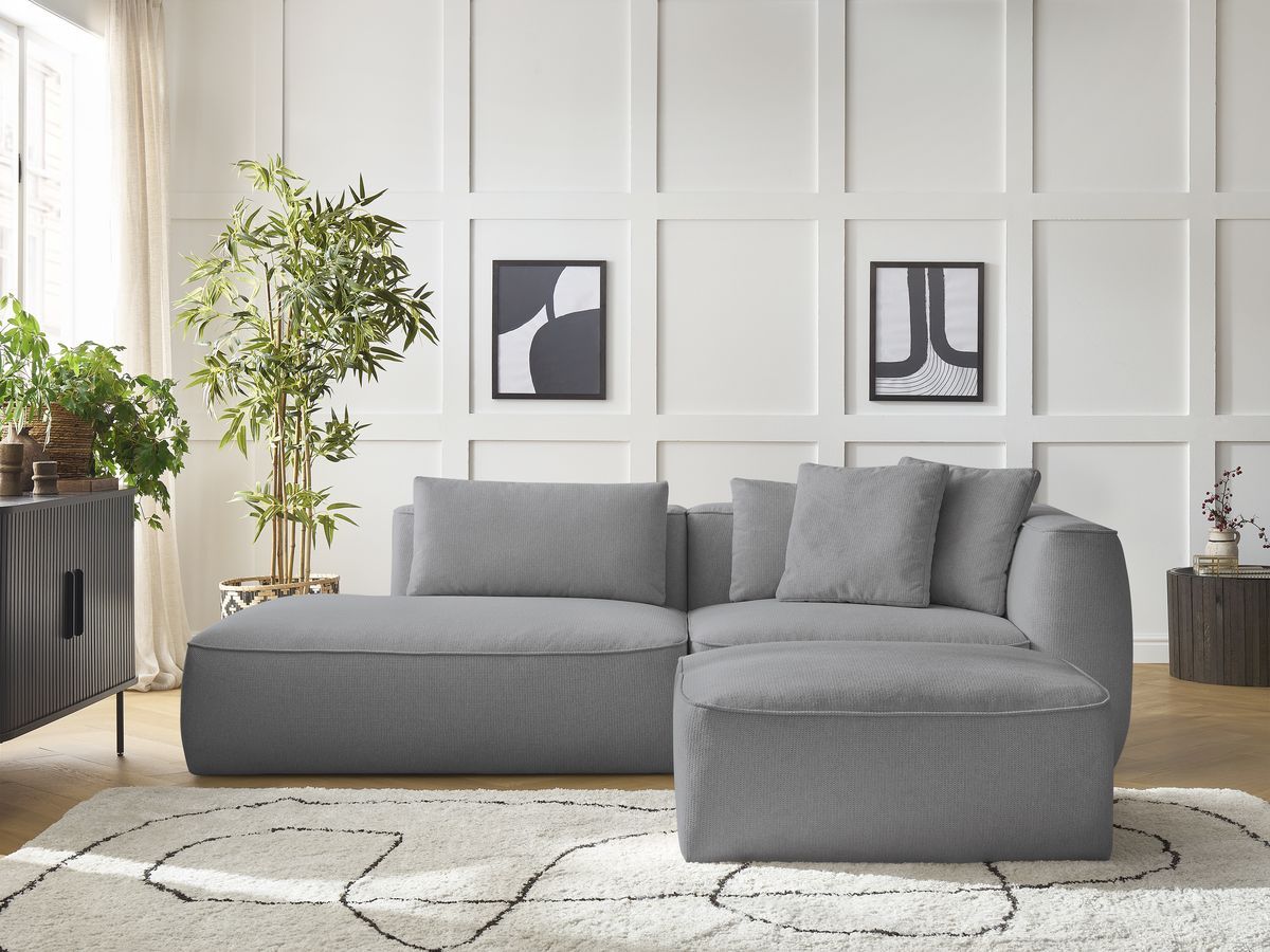 Bobochic Leopold Sofa 4-Sitzer mit Pouf Melange-Stoff Hellgrau Armlehne rechts
