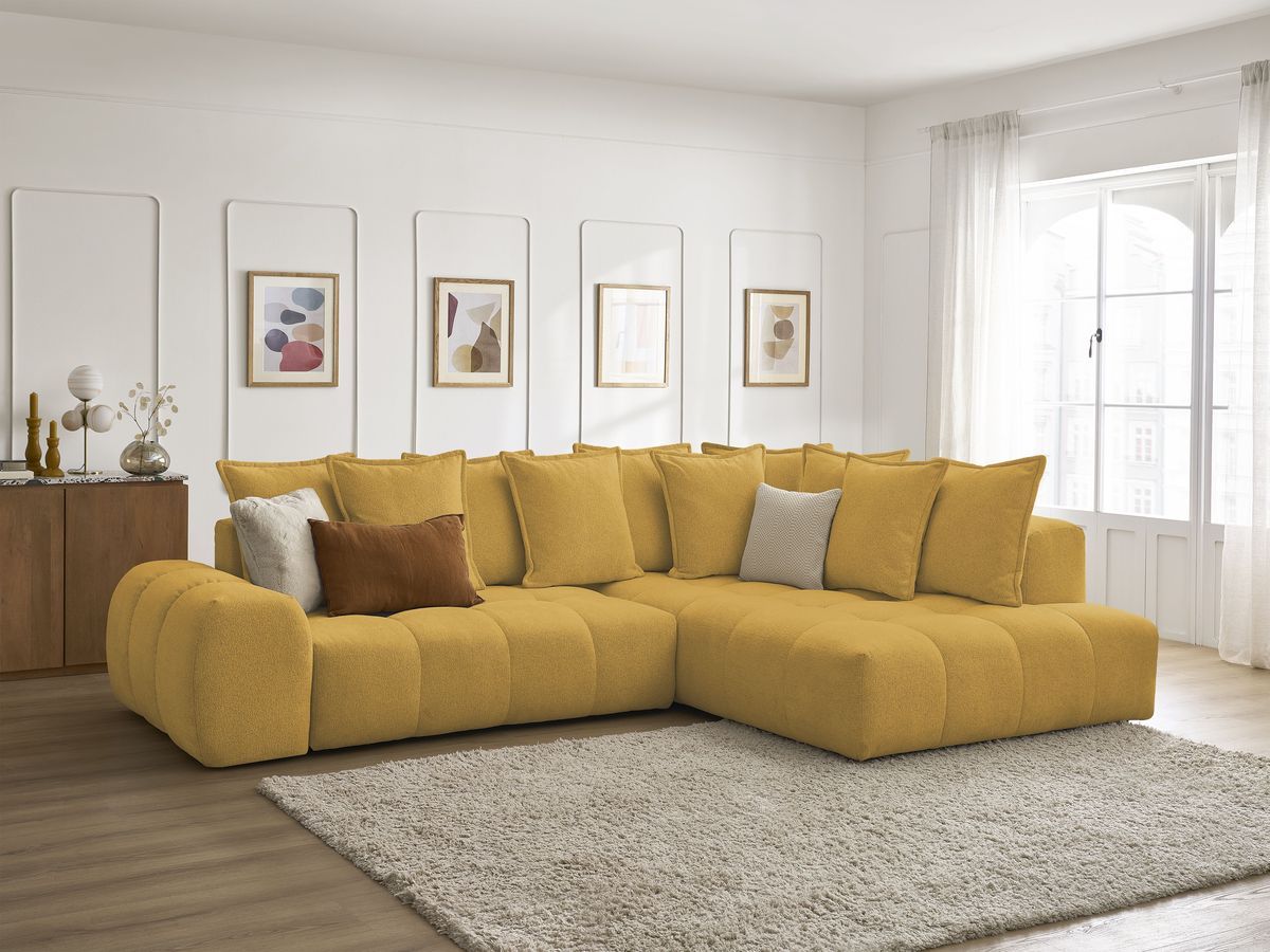 Bobochic Everest Ecksofa mit Schlaffunktion und Bettkasten 320 × 212 cm, 10 Kissen Melange-Stoff Gelb Ecke rechts