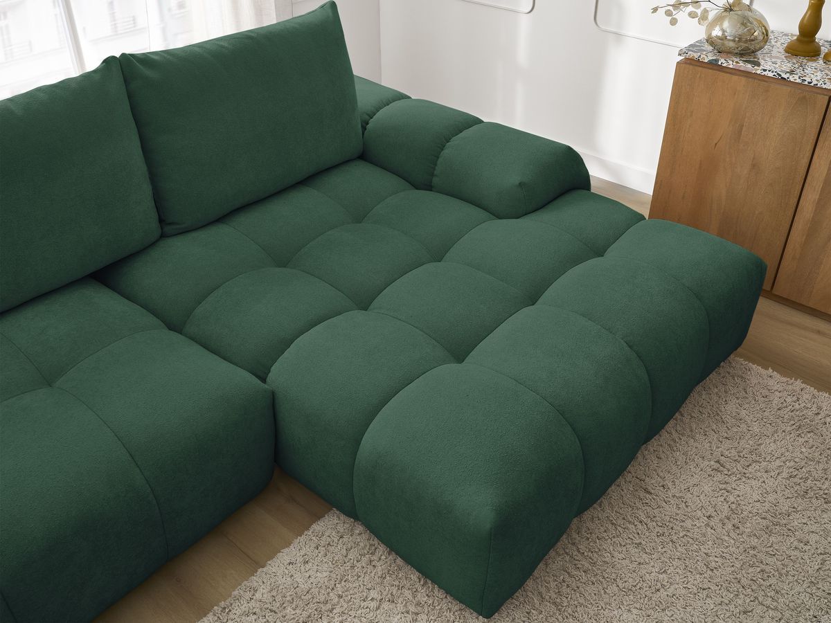 Bobochic Everest Ecksofa mit Schlaffunktion und Bettkasten 318 × 180 cm, 3 Kissen Strukturstoff Grün Ecke rechts