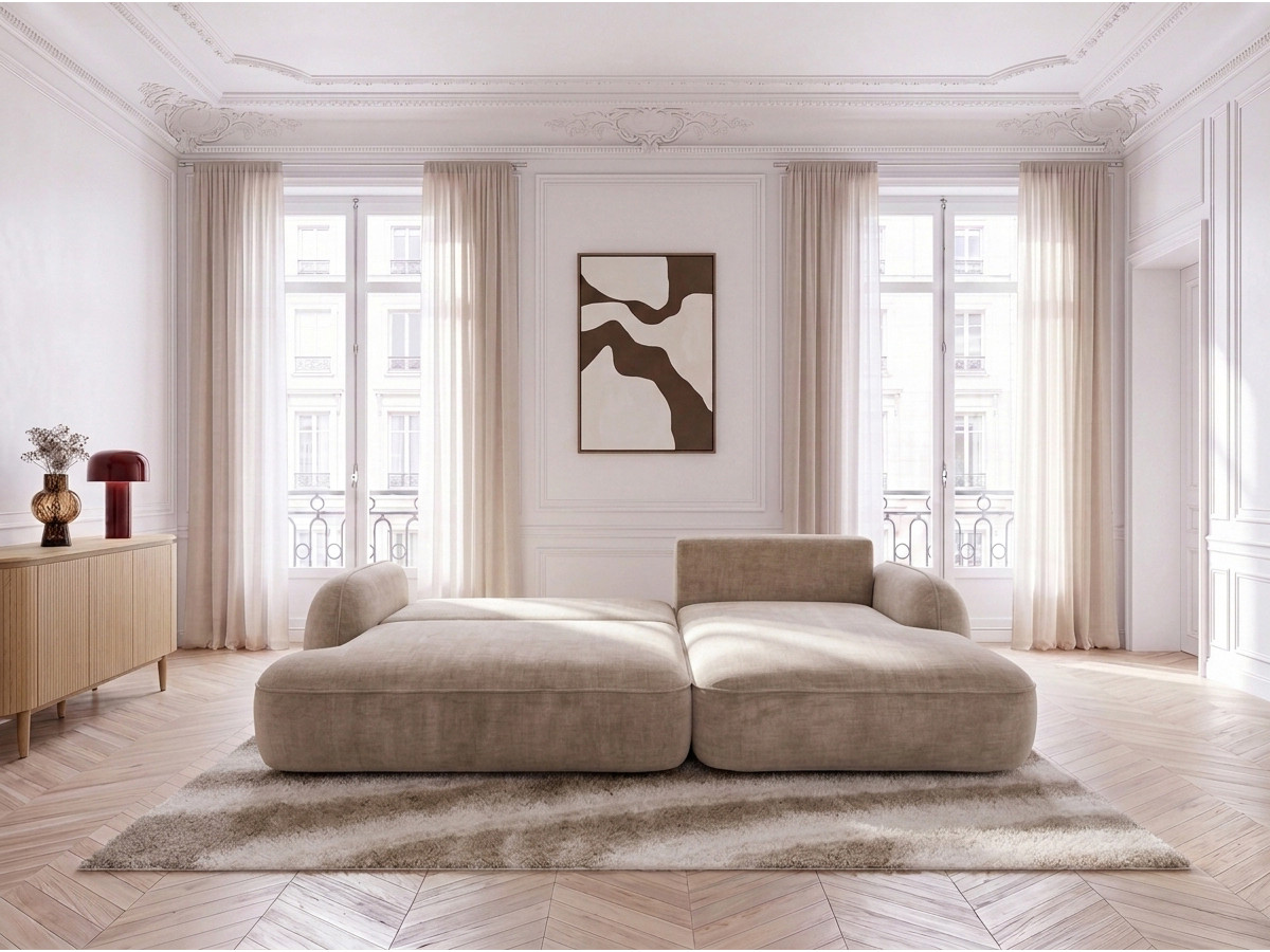 Bobochic Celeste Ecksofa mit Schlaffunktion und Bettkasten Stoff Beige Ecke rechts