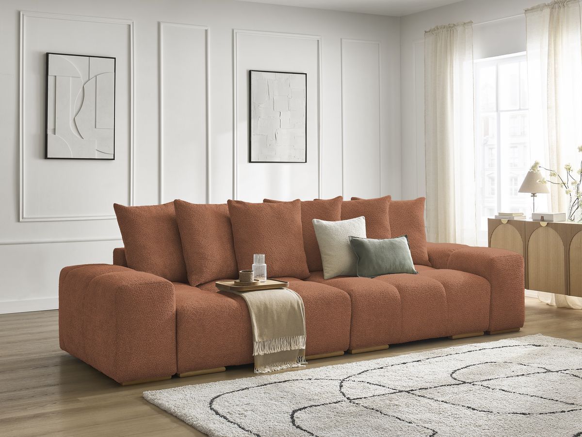 Bobochic Anakin Sofa 3-Sitzer, 6 Kissen Bouclé-Stoff Orange