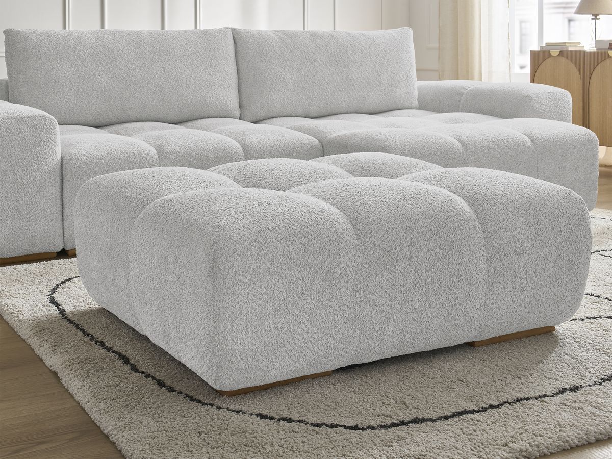 Bobochic Anakin Ecksofa mit Schlaffunktion und Bettkasten und Pouf, 2 Kissen Bouclé-Stoff Hellgrau