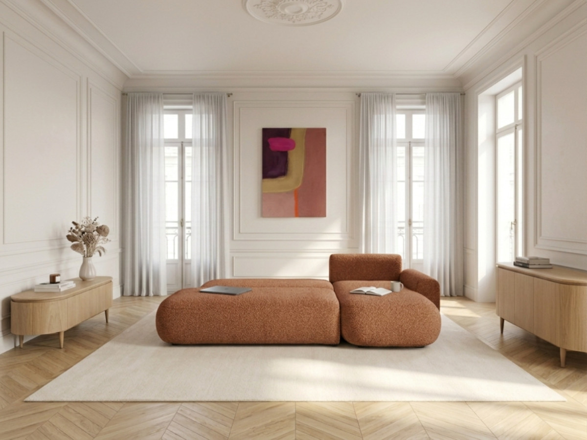 Bobochic Tango Ecksofa mit Schlaffunktion und Bettkasten Bouclé-Stoff Orange Ecke rechts