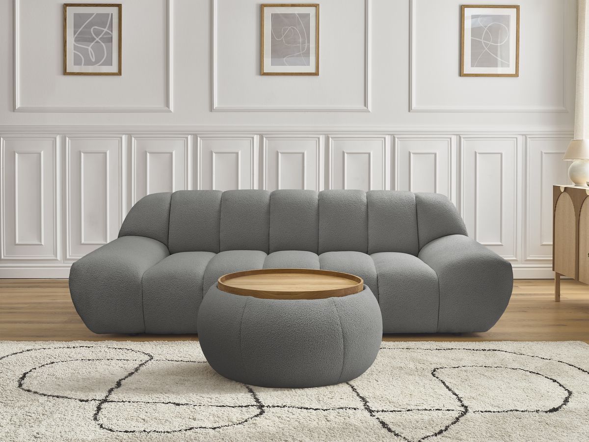 Bobochic Hayden Sofa 2-Sitzer mit Pouf Bouclé-Stoff Dunkelgrau