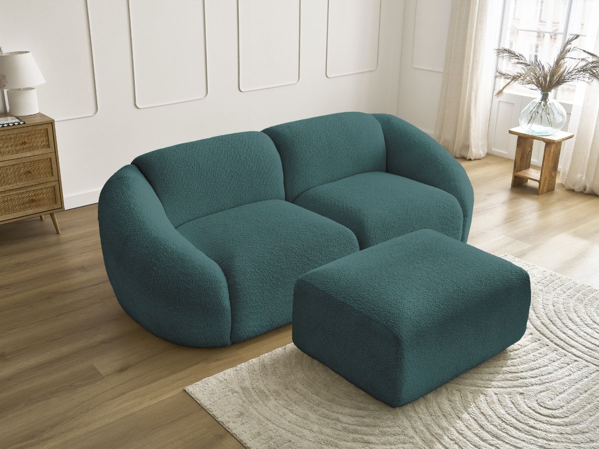 Bobochic Tina Sofa 3-Sitzer mit Pouf Bouclé-Stoff Hellblau