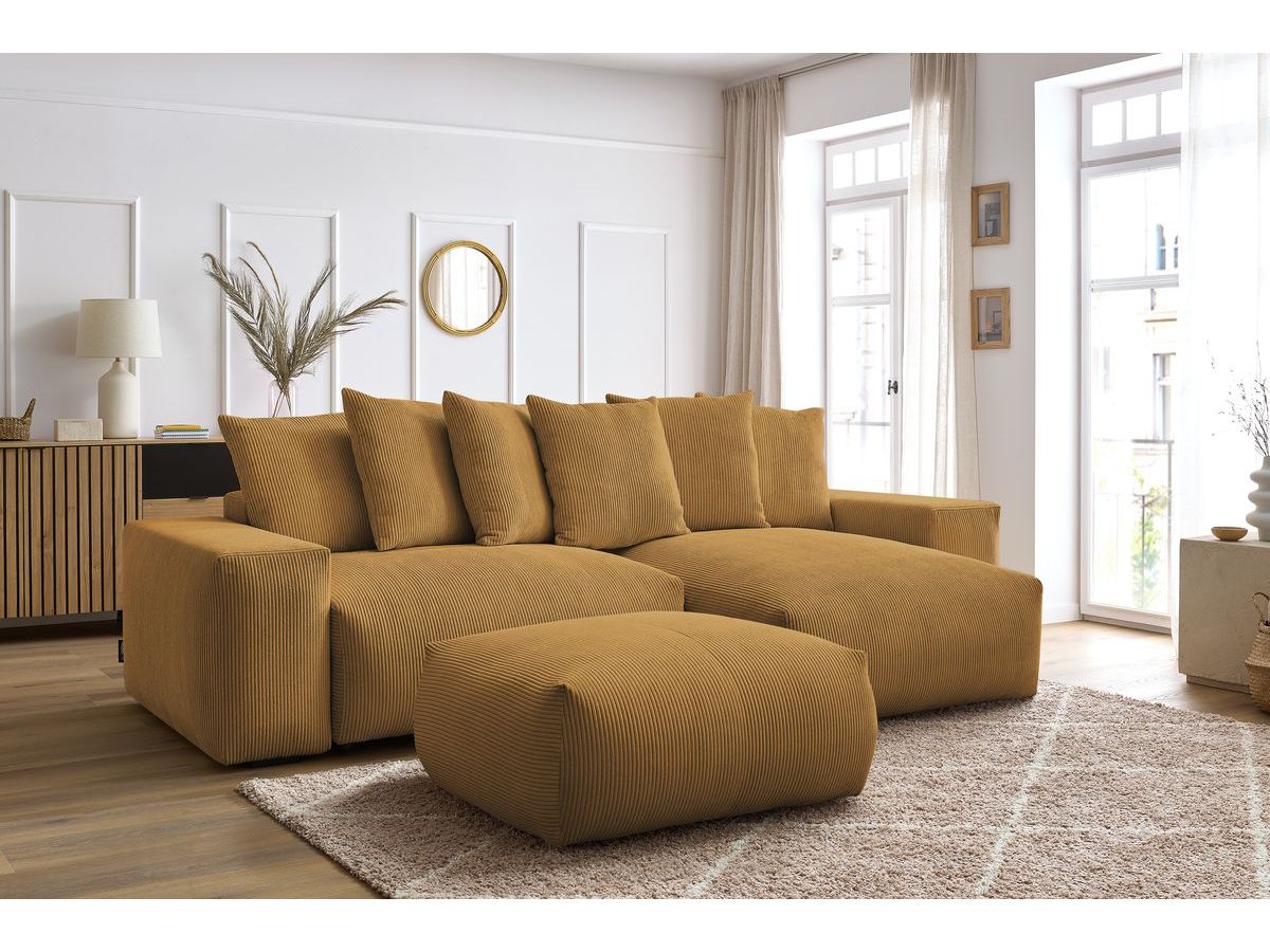 Bobochic Voltaire Ecksofa mit Schlaffunktion und Bettkasten und Pouf Cordsamt Gelb