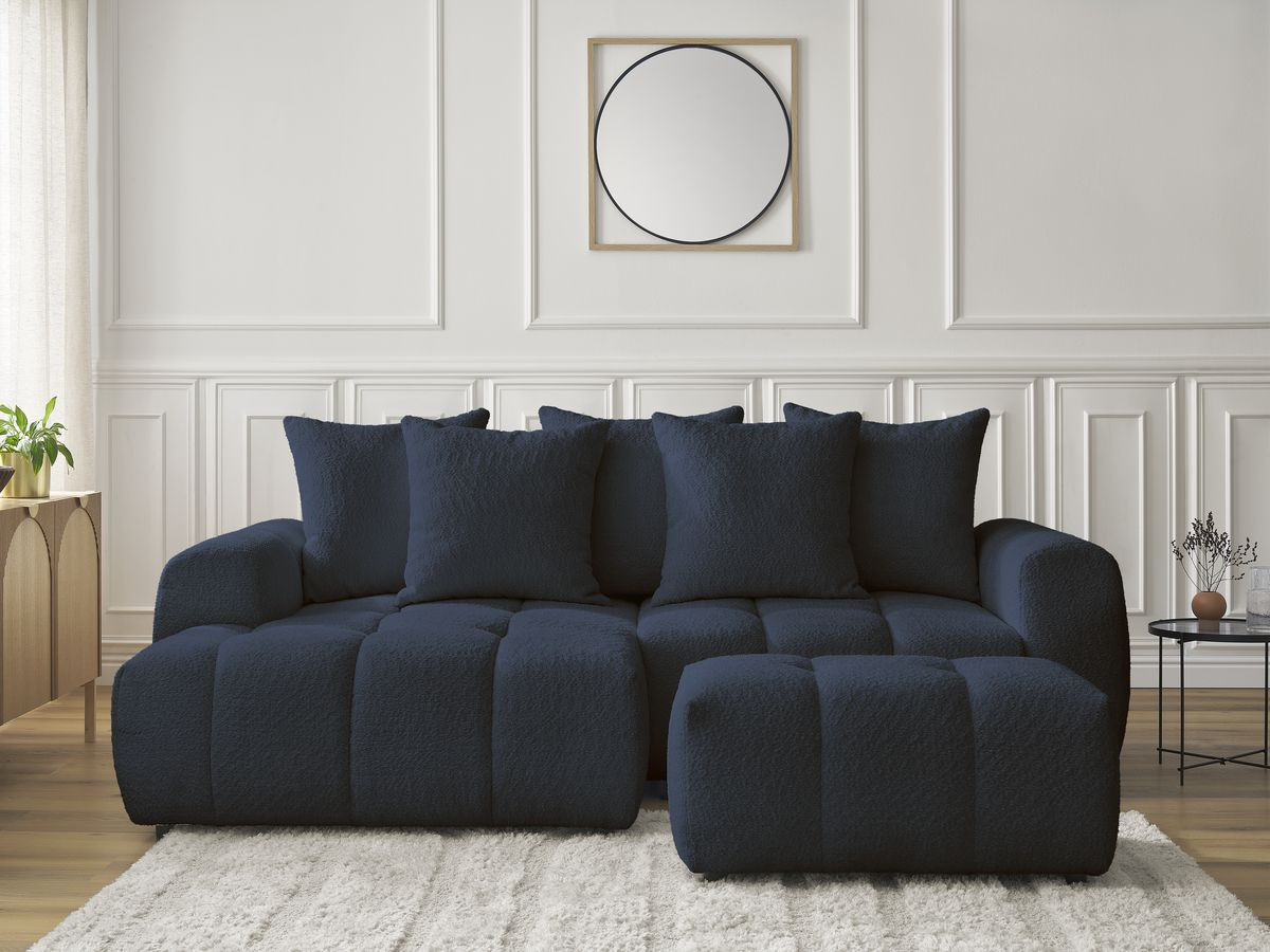 Bobochic Roxelane Ecksofa mit Schlaffunktion und Bettkasten und Pouf 258 × 150 cm Bouclé-Stoff Dunkelblau Ecke rechts