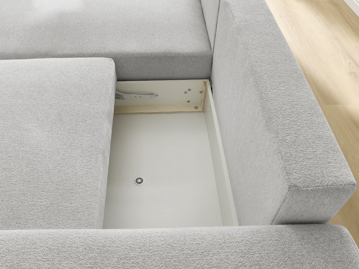 Bobochic Atilla Ecksofa mit Schlaffunktion und Bettkasten Melange-Stoff Hellgrau Ecke links