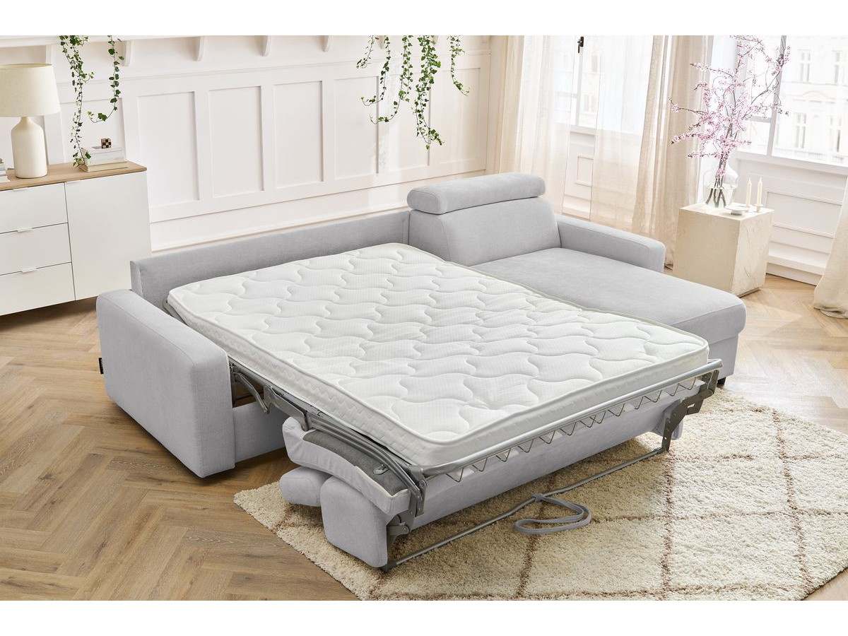 Bobochic Monaco Ecksofa mit Schlaffunktion und Bettkasten Stoff Hellgrau, Liegefläche 140 × 190 cm