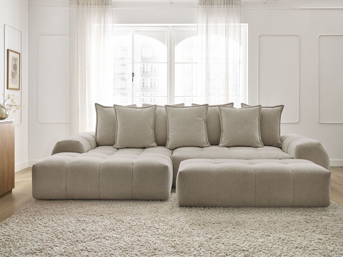 Bobochic Everest Ecksofa mit Schlaffunktion und Bettkasten und Pouf 318 × 180 cm, 7 Kissen Melange-Stoff Taupe Ecke links