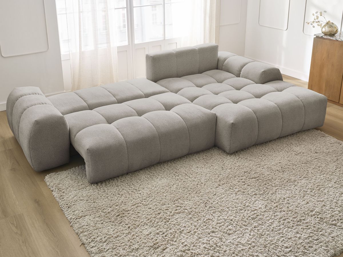 Bobochic Everest Ecksofa mit Schlaffunktion und Bettkasten 318 × 180 cm, 7 Kissen Melange-Stoff Taupe Ecke rechts