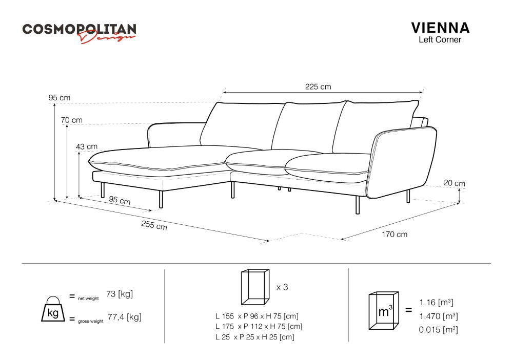 Cosmopolitan Design Ecksofa Vienna 5-Sitzer Samt Bluvel Flaschengrün Links Beine Gold