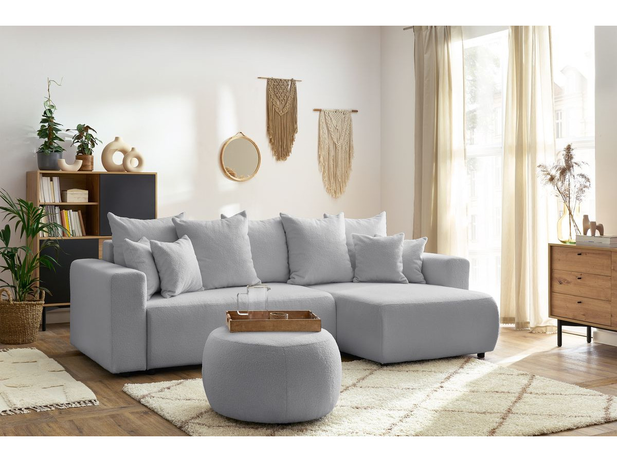Bobochic Envy Ecksofa mit Schlaffunktion und Bettkasten und rundem Pouf Bouclé-Stoff Hellgrau