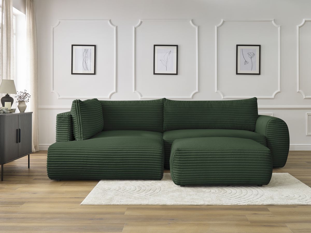 Bobochic Lucien Ecksofa mit Schlaffunktion und Bettkasten und Pouf 296 × 198 cm Breitcord weich Grün Ecke links