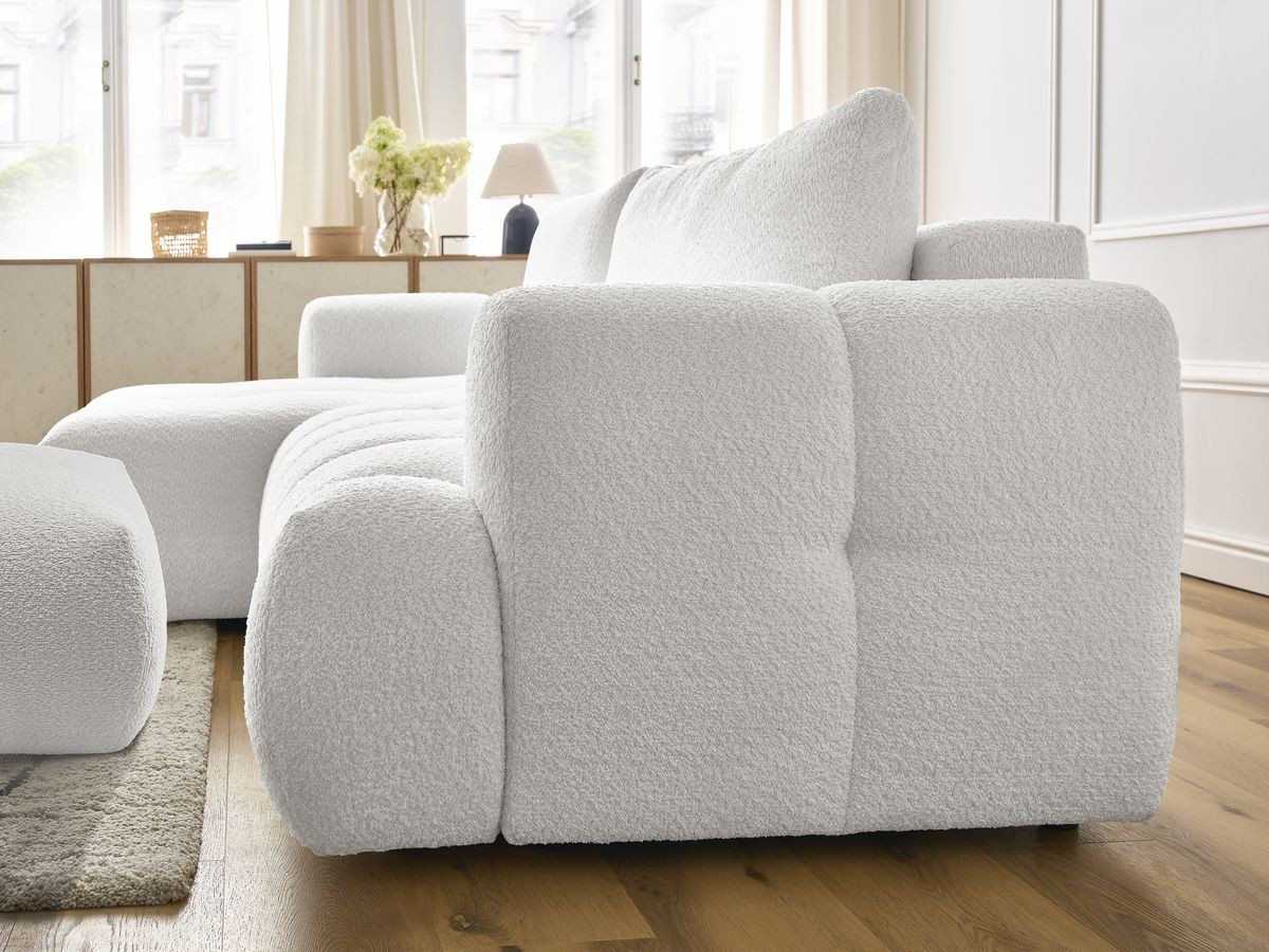 Bobochic Fuji Ecksofa mit Schlaffunktion und Bettkasten und Pouf 292 × 160 cm Bouclé-Stoff Weiß Ecke links