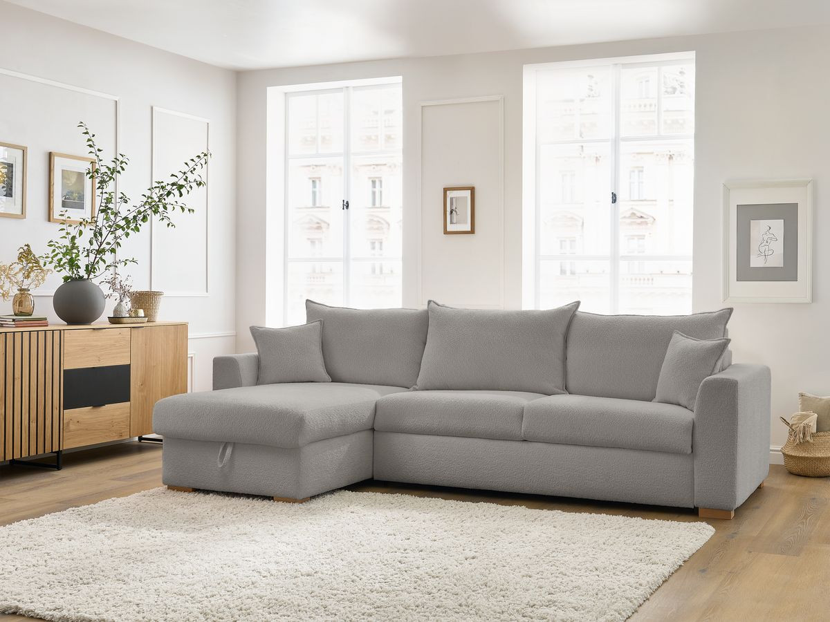 Bobochic Augustin Ecksofa mit Schlaffunktion und Bettkasten Bouclé-Stoff Hellgrau, Liegefläche 160 × 200 cm