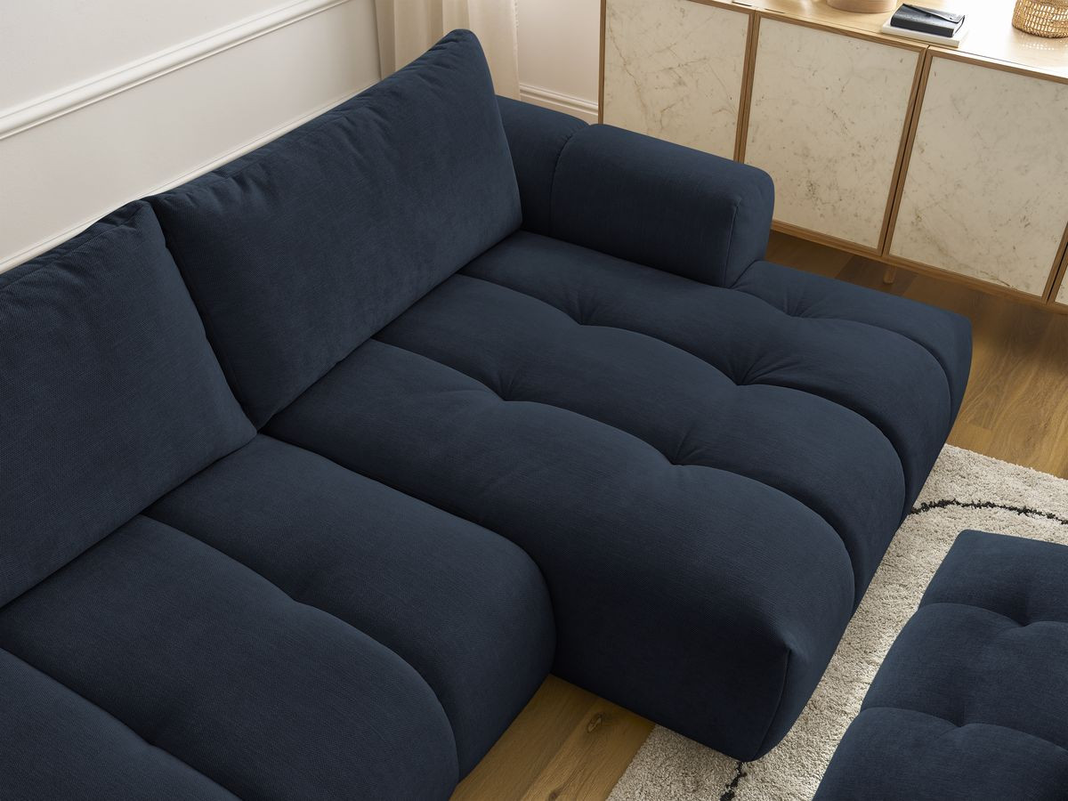 Bobochic Fuji Ecksofa mit Schlaffunktion und Bettkasten und Pouf 292 × 160 cm Stoff Dunkelblau Ecke rechts