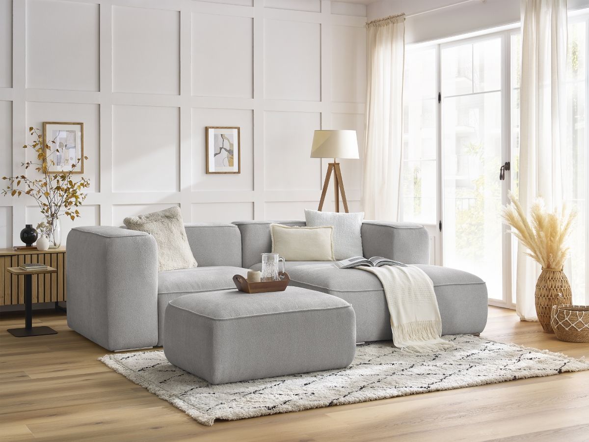 Bobochic Zephyr Ecksofa mit Pouf 260 × 165 cm Strukturstoff Hellgrau Ecke rechts