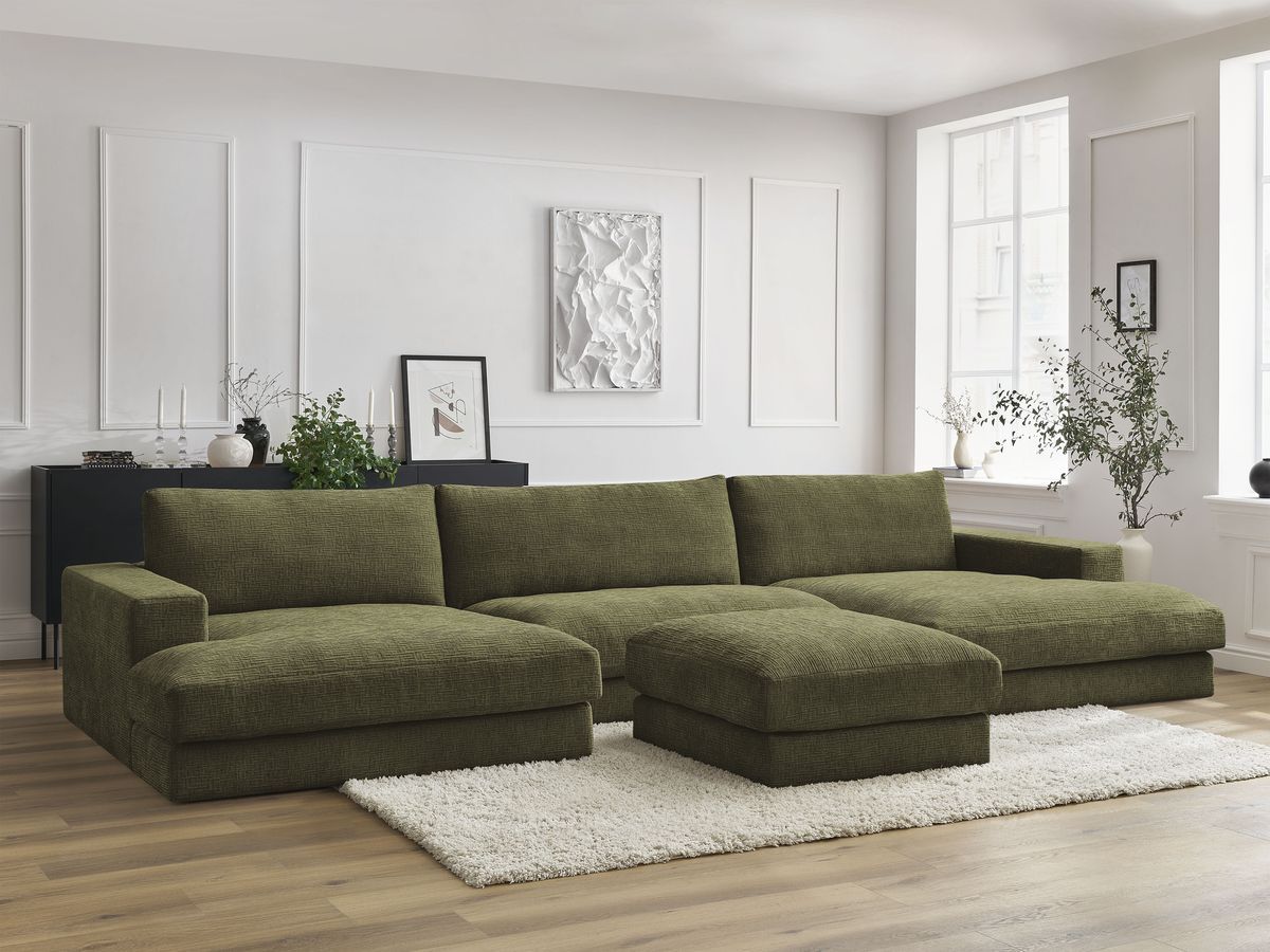 Bobochic Leonard Wohnlandschaft mit Pouf 349 × 159 cm Strukturstoff Grün