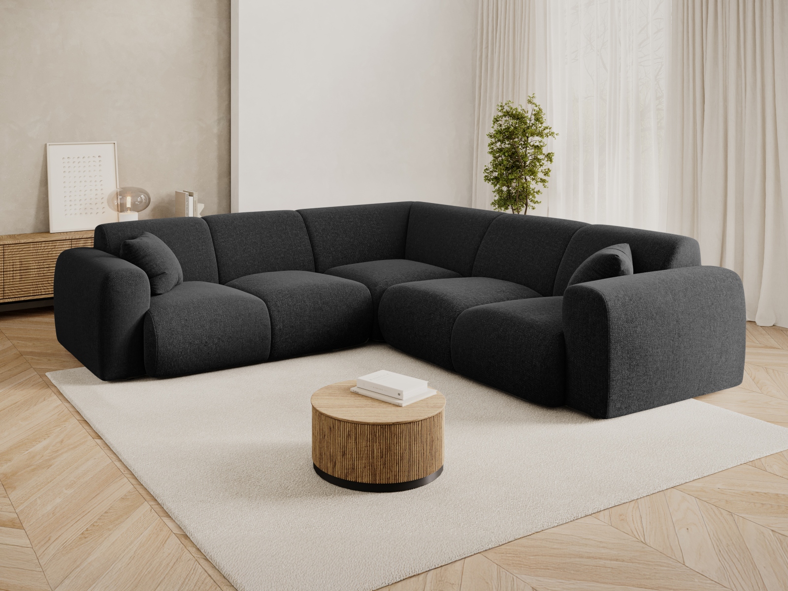 Cosmopolitan Design Symmetrisches Ecksofa Nolio 5-Sitzer Chenille Haga Schwarz