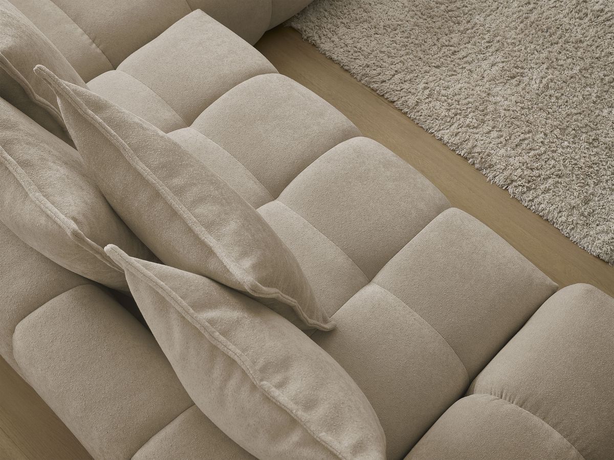 Bobochic Everest Ecksofa mit Schlaffunktion und Bettkasten 320 × 212 cm, 10 Kissen Strukturstoff Taupe Ecke rechts