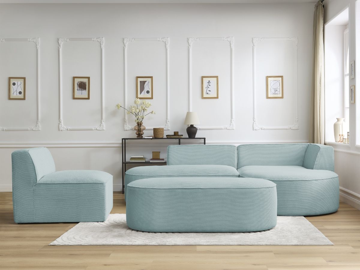 Bobochic Rousseau Ecksofa mit Sofamodul und Pouf Cordsamt Hellblau Ecke rechts
