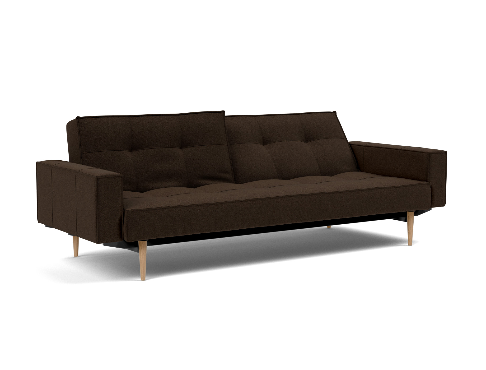 Schlafsofa Splitback mit Armlehnen Strukturierter Stoff Taura 358-Chocco Beine Styletto Eiche hell