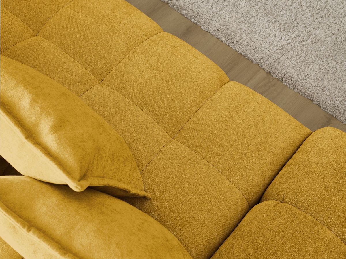 Bobochic Everest Ecksofa mit Schlaffunktion und Bettkasten und Pouf 318 × 180 cm, 7 Kissen Strukturstoff Gelb Ecke rechts