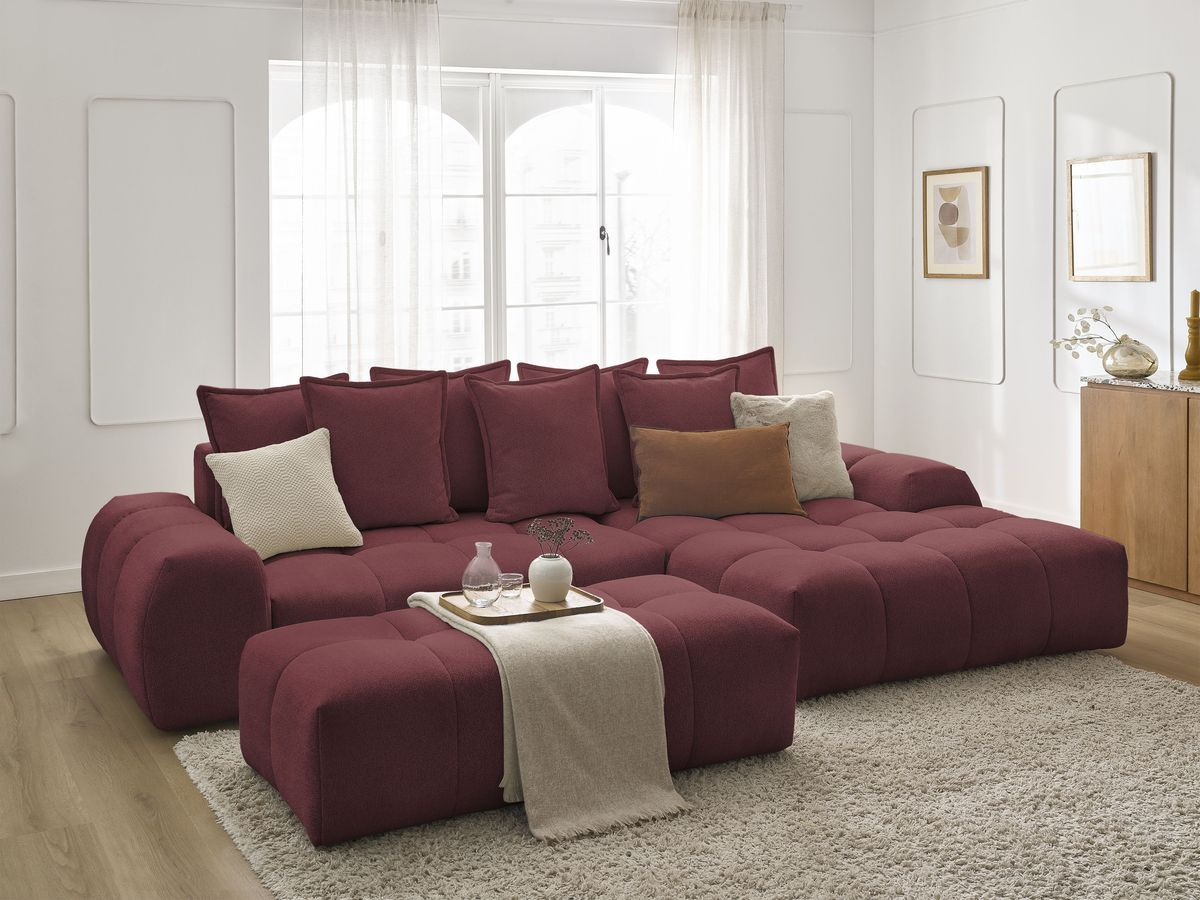 Bobochic Everest Ecksofa mit Schlaffunktion und Bettkasten und Pouf 318 × 180 cm, 7 Kissen Melange-Stoff Rot Ecke rechts