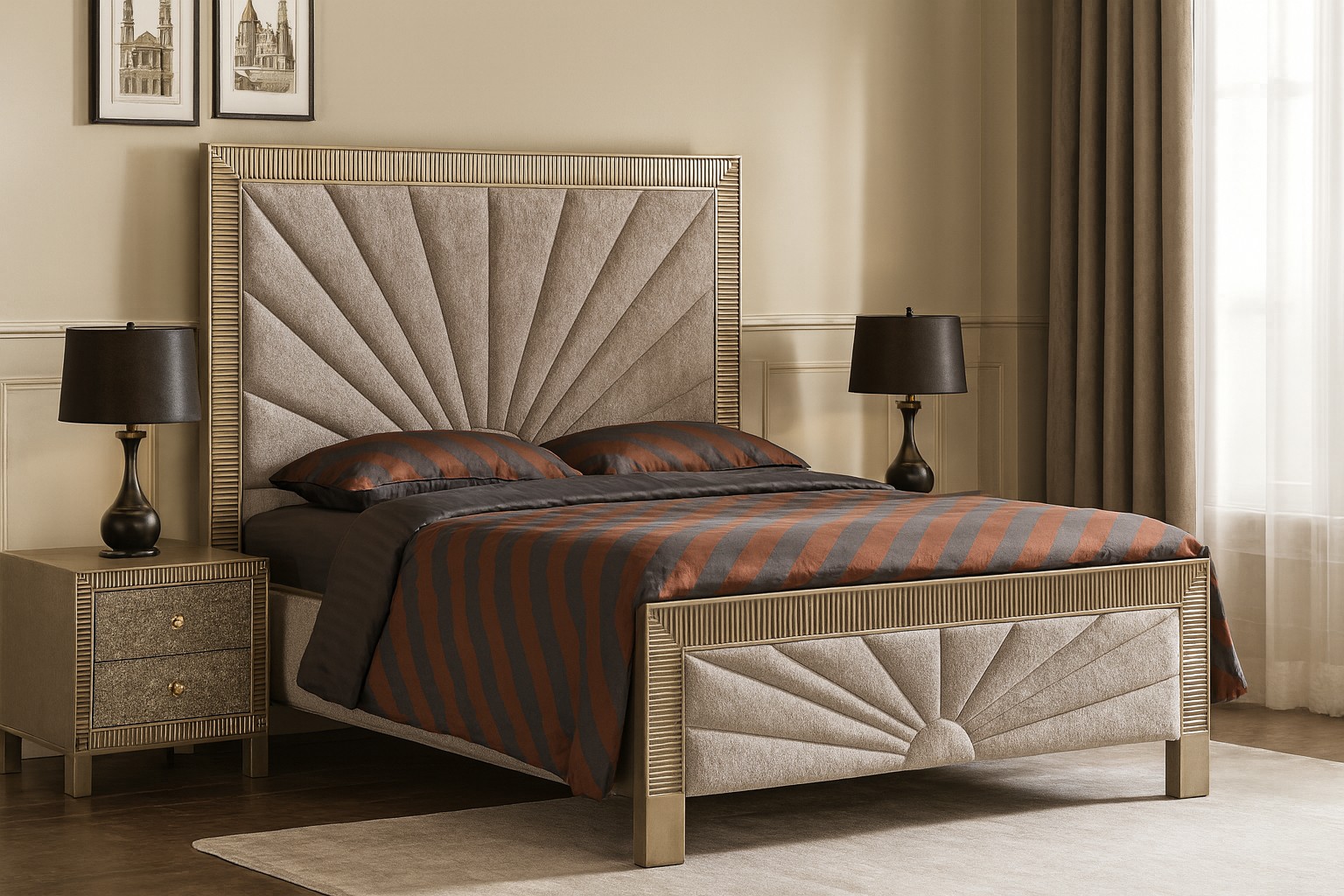 Livin Hill Set Stilig Bedroom: Polsterbett 166 cm + 2× Nachttisch Champagnergold
