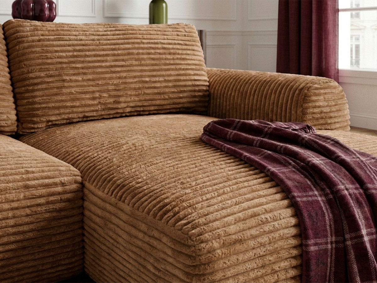 Bobochic Lucien Ecksofa mit Schlaffunktion und Bettkasten Breitcord weich Gelb Ecke rechts