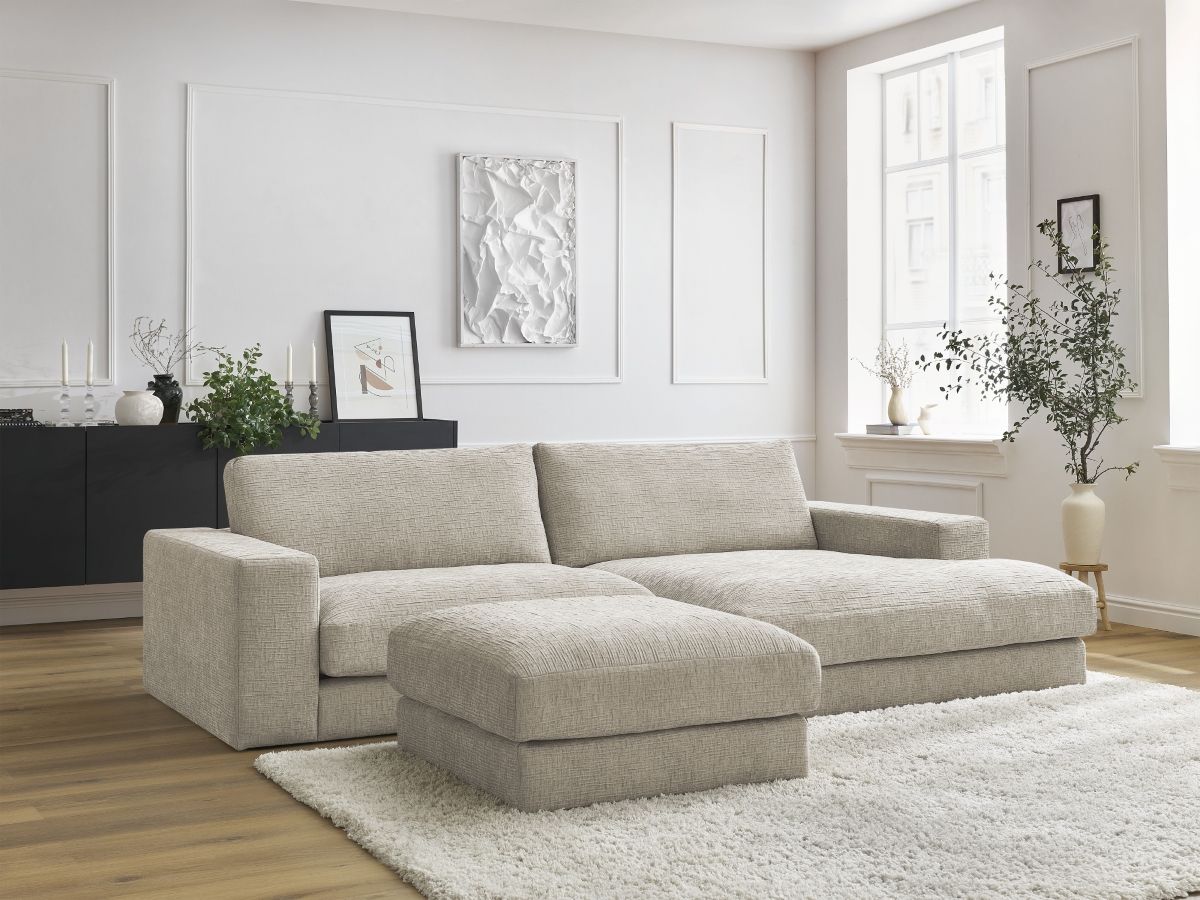 Bobochic Leonard Ecksofa mit Pouf 274 × 159 cm Strukturstoff Beige Ecke rechts