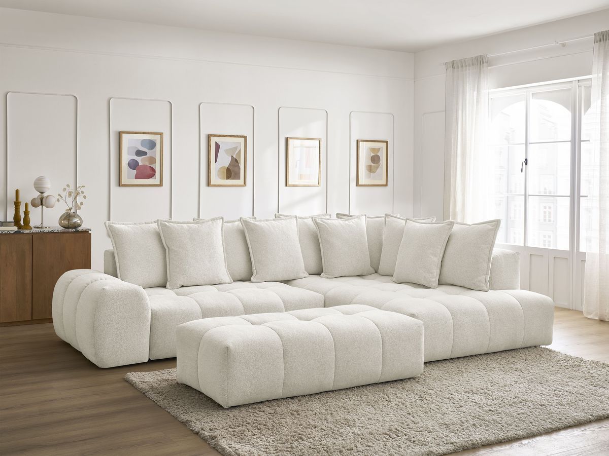 Bobochic Everest Ecksofa mit Schlaffunktion und Bettkasten und Pouf 320 × 212 cm, 10 Kissen Melange-Stoff Weiß Ecke rechts