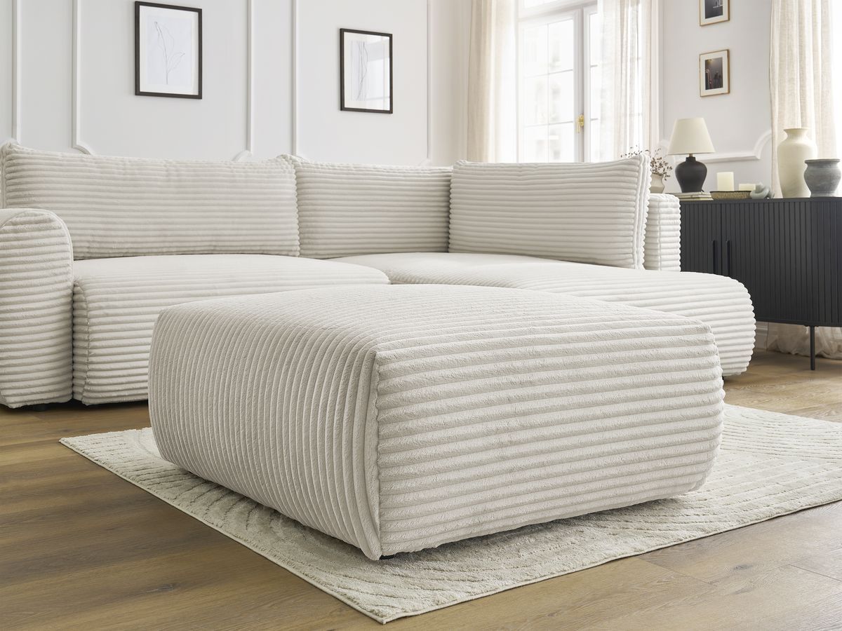 Bobochic Lucien Ecksofa mit Schlaffunktion und Bettkasten und Pouf 296 × 198 cm Breitcord weich Beige Ecke rechts
