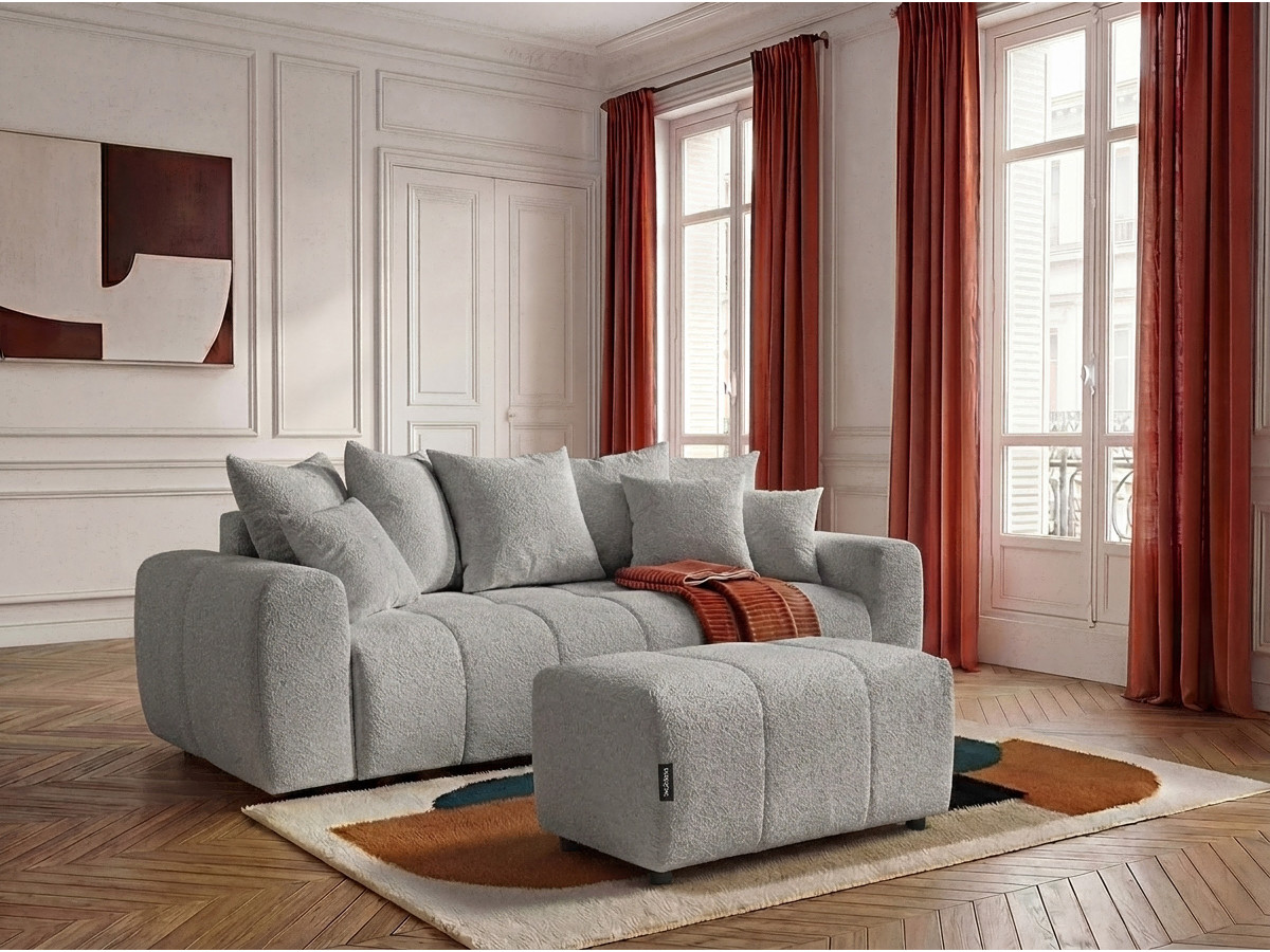 Bobochic Roxelane Schlafsofa 3-Sitzer mit Bettkasten und Pouf Bouclé-Stoff Hellgrau